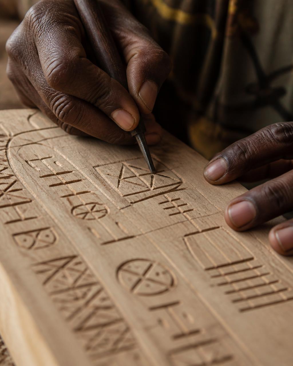 Hands carving a Nsibidi ideogram into wood