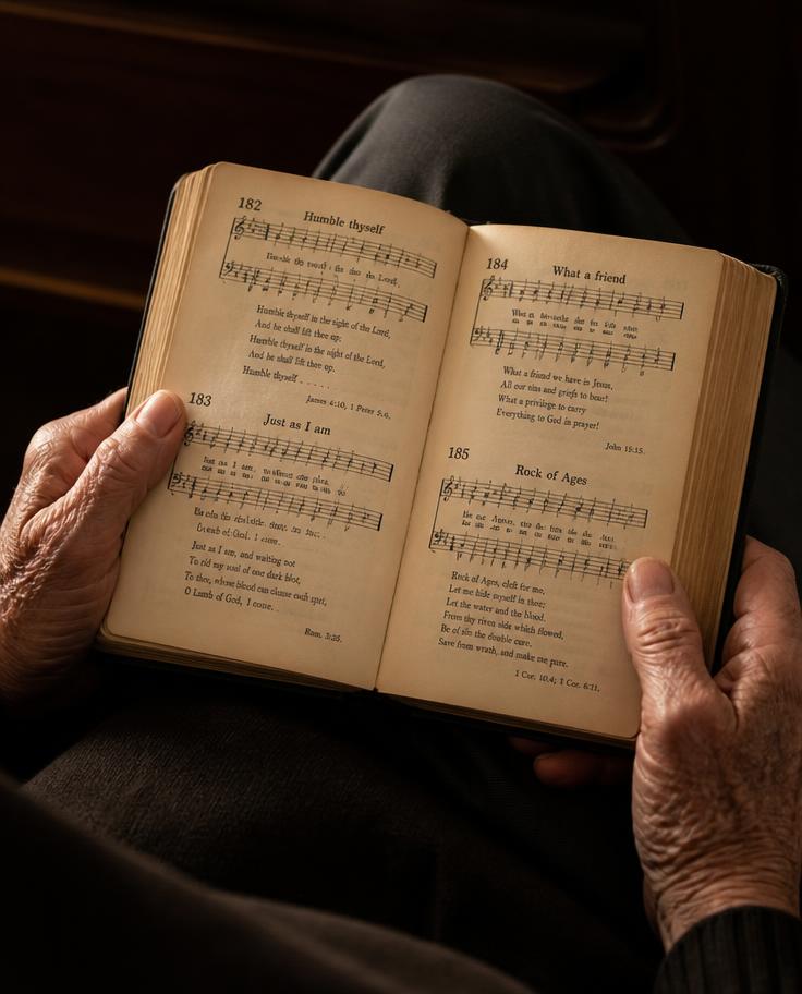 An elder holding an open hymnal
